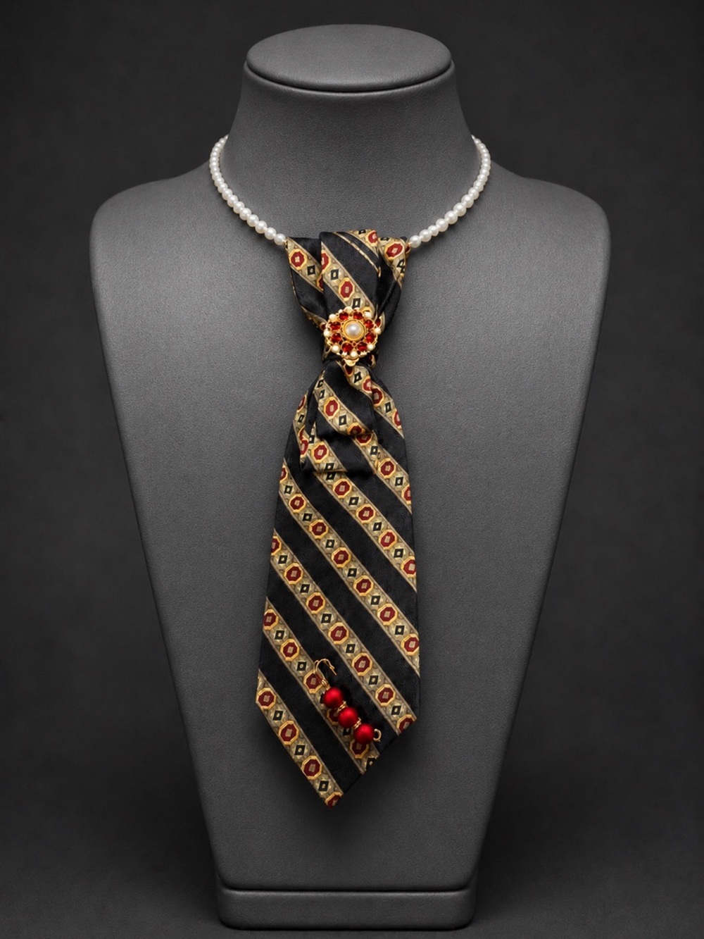 Vintage Geoffrey Beene Necktie Necklace, Jewel Pattern, Rhinestone, Pearl,Brooch
